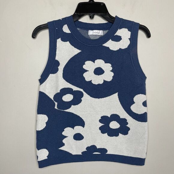LOUNA Sweater Womens Large Blue Floral Knit Tank Sleeveless Abstract - Picture 3 of 10
